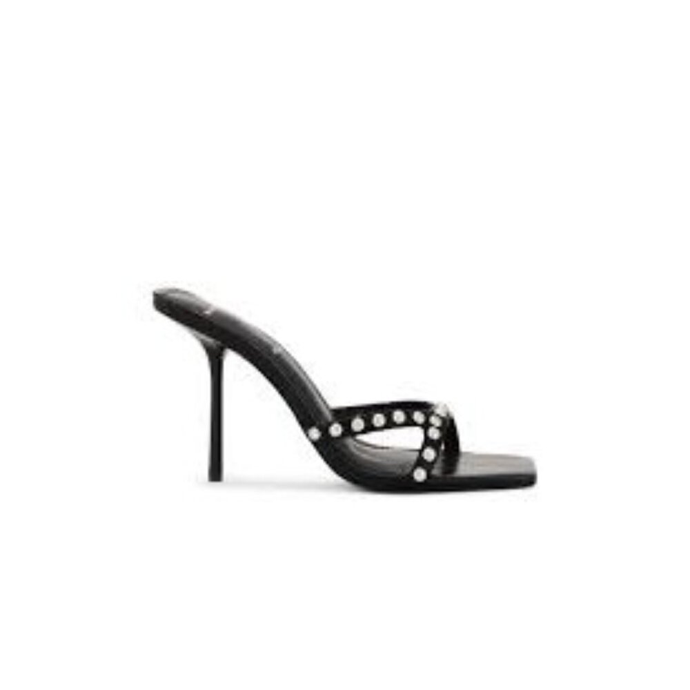 BLACK SUEDE STUDIO Leo 95 Square Toe Sandal in Black Buffed Nappa & Studs